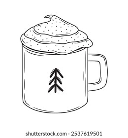 Line art cup with hot drink and foam, simple vector winter art.