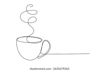 Line Art Cup with Hot Drink. Morning Breakfast Tea or Coffee Mug. Sketch Outline Modern Curve Contour Drawn Symbol. Beverage Ceramic Cup Cafe Logo Advertising Silhouette