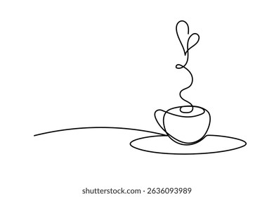 Line Art Cup with Hot Drink. Morning Breakfast Tea or Coffee Mug. Sketch Outline Modern Curve Contour Drawn Symbol. Beverage Ceramic Cup Cafe Logo Advertising Silhouette