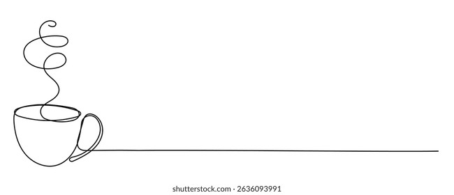 Line Art Cup with Hot Drink. Morning Breakfast Tea or Coffee Mug. Sketch Outline Modern Curve Contour Drawn Symbol. Beverage Ceramic Cup Cafe Logo Advertising Silhouette