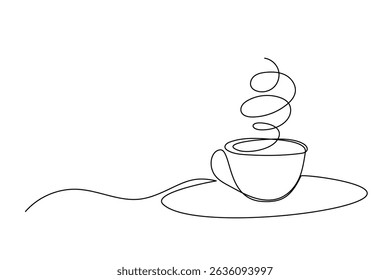 Line Art Cup with Hot Drink. Morning Breakfast Tea or Coffee Mug. Sketch Outline Modern Curve Contour Drawn Symbol. Beverage Ceramic Cup Cafe Logo Advertising Silhouette