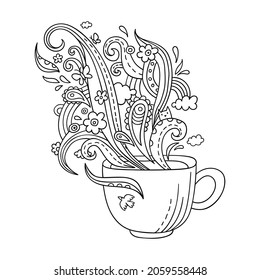 Line Art Cup Of Tea Or Coffee. Vector Adult Coloring Page A Cup And Ornate Steam In Doodle Style.