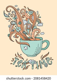 Line art cup of tea or coffee. Vector adult coloring page a cup and ornate steam in doodle style.