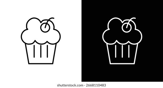 Icono de cupcake de arte de línea con cobertura de cereza. Dos versiones: blanco sobre negro, negro sobre blanco. Perfecto para panadería, menús de postres.