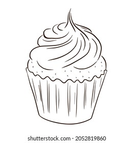 Line Art Cupcake Illustration. Food tasty sketch for stickers, invitation, harvest, logo, recipe, menu and greeting cards decoration.