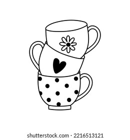 Line art cups of tea or coffee. Hand drawn doodle style design. Isolated vector illustration