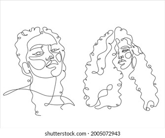 Line Art curly hair Woman Face Drawing. Black Woman Vector. Afro American Female Logo. Contouring Line. Minimalist Face. Beauty salon