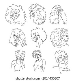 Line Art Curly Woman Face Drawing. Black Woman Vector. Afro American Female Logo. Minimalist Face. Beauty salon