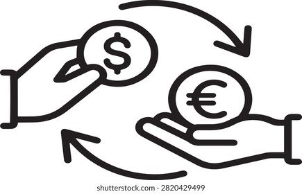 A line art currency exchange icon showing hands trading coins isolated on white transparent background.