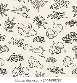 Line art curry spices seamless pattern