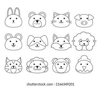 line art cute animal head set