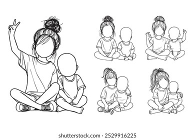 Line Art Cute Baby Bald Head and Child Sister Sitting Pose Art Black and White Illustration Hand Drawn Clipart