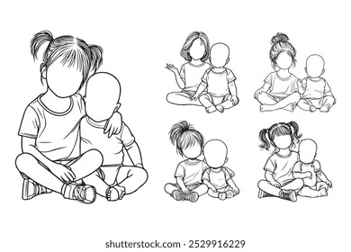 Line Art Cute Baby Bald Head and Child Sister Sitting Pose Art Black and White Illustration Hand Drawn Clipart