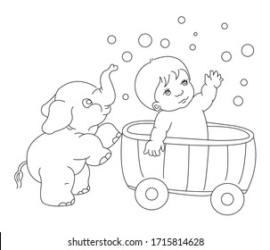 Line art cute baby bathing,playing with elephant . vector illustration. For cartoon education, pre school education, kindergarten and kids and children. Coloring page and books, outline 