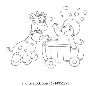 Line art cute baby with giraffe  . vector illustration. For cartoon education, pre school education, kindergarten and kids and children. Coloring page and books, outline 