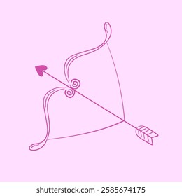 Line art cute bow and heart arrow in pink color. Symbol of love and cupid. Coquette style minimal drawing. Vector graphic