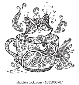 Line art cute cat in cup  Vector adult antistress coloring page and animal in tangle style  Vector illustration for coloring page  print  design  T  shirt print  tattoo  logo  Zendoodle 