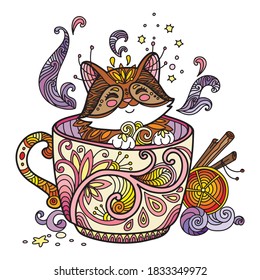 Arte de línea lindo gato en una taza. Ilustración antiestrés Kawaii con animal de estilo enredado. Ilustración vectorial colorida para impresión, diseño, impresión de camisetas, tatuaje, logotipo. Zendoodle.