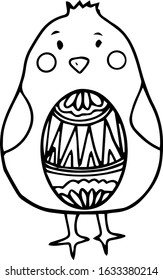 Line art cute chicken with easter egg. Hand drawn vector stock illustration of outline newborn chick isolated on white background. Scandinavian style design. Coloring. Doodle. Cartoon. Sketch