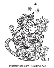 Arte de línea linda vaca en una taza. Vector página de colorante antiestrés adulto con animal de estilo enmarañado. Ilustración vectorial para página de coloreado, impresión, diseño, impresión de camisetas, tatuaje, logotipo. Zendoodle.