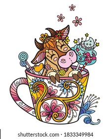 Line Art Cute Cow In A Cup. Kawaii Antistress Illustration With Animal In Tangle Style. Colorful Vector Illustration For Print, Design,T-shirt Print, Tattoo, Logo. Zendoodle.