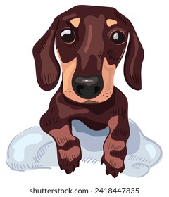 Line art of cute dachshund puppy paws for print design. Vector illustration of a dog in a blanket. Pet image for congratulations, cards, t-shirts, bags.