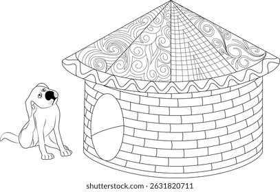 Line Art of Cute Dog and Detailed Dog House, Black and white outline illustration of a cute dog sitting patiently next to a dog house with an elaborately patterned roof. Perfect for coloring books,