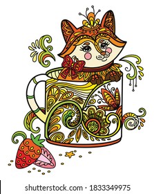 Arte de línea lindo zorro en una taza. Ilustración antiestrés Kawaii con animal de estilo enredado. Ilustración vectorial colorida para impresión, diseño, impresión de camisetas, tatuaje, logotipo. Zendoodle.