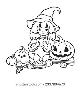 line art cute halloween coloring book illustration vector