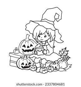 line art cute halloween coloring book illustration vector