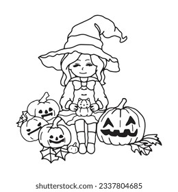 line art cute halloween coloring book illustration vector