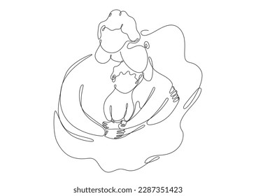 Line art Cute Hugging Family  Mom Dad   Son  Cozy woman and long lush Hair  man   Child in an Embrace  World Parents Day vector illustration 