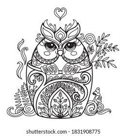 Linea de arte lindo búho en una taza. Vector página de colorante antiestrés adulto con animal de estilo enmarañado. Ilustración vectorial para página de coloreado, impresión, diseño, impresión de camisetas, tatuaje, logotipo. Zendoodle.