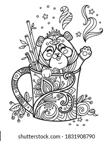 Arte de línea lindo panda en una taza. Vector página de colorante antiestrés adulto con animal de estilo enmarañado. Ilustración vectorial para página de coloreado, impresión, diseño, impresión de camisetas, tatuaje, logotipo. Zendoodle.