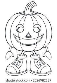 Line art of a cute pumpkin head character with boots, fun Halloween coloring page