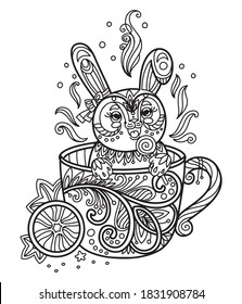 Arte de línea lindo conejo en una taza. Vector página de colorante antiestrés adulto con animal de estilo enmarañado. Ilustración vectorial para página de coloreado, impresión, diseño, impresión de camisetas, tatuaje, logotipo. Zendoodle.