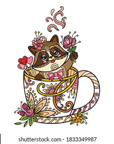 Arte de línea lindo racoon en una taza. Ilustración antiestrés Kawaii con animal de estilo enredado. Ilustración vectorial colorida para impresión, diseño, impresión de camisetas, tatuaje, logotipo. Zendoodle.