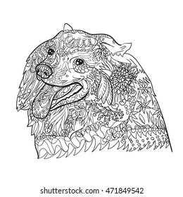 Line art of cute spritz dog with pattern for coloring on white background,hand drawn sketch for adult antistress coloring page, T-shirt emblem, logo, tattoo with doodle, zentangle, floral elements.