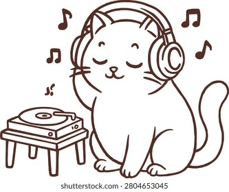 Line Art Cute Tabby Cat Listening to Music with Headphones and Turntable