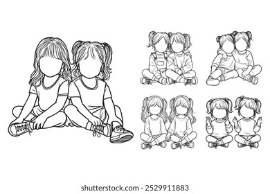 Line Art Cute Twin Sister Child Happy Pose Art Black and White Illustration Hand Drawn Clipart