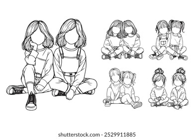 Line Art Cute Twin Sister Child Happy Pose Art Black and White Illustration Hand Drawn Clipart