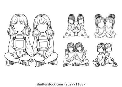 Line Art Cute Twin Sister Child Happy Pose Art Black and White Illustration Hand Drawn Clipart