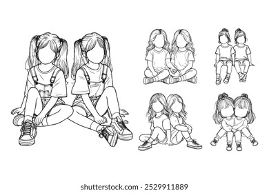 Line Art Cute Twin Sister Child Happy Pose Art Black and White Illustration Hand Drawn Clipart