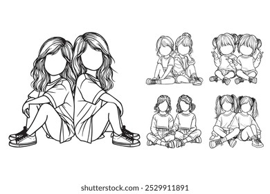 Line Art Cute Twin Sister Child Happy Pose Art Black and White Illustration Hand Drawn Clipart