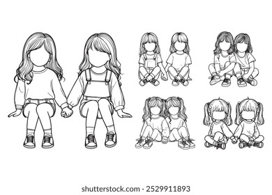 Line Art Cute Twin Sister Child Happy Pose Art Black and White Illustration Hand Drawn Clipart