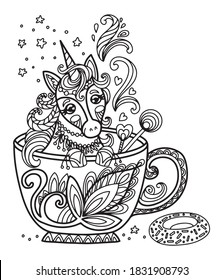 Arte de línea lindo unicornio en una taza. Vector página de colorante antiestrés adulto con animal de estilo enmarañado. Ilustración vectorial para página de coloreado, impresión, diseño, impresión de camisetas, tatuaje, logotipo. Zendoodle.