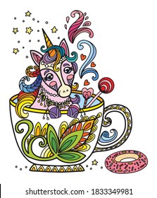 Arte de línea lindo unicornio en una taza. Ilustración antiestrés Kawaii con animal de estilo enredado. Ilustración vectorial colorida para impresión, diseño, impresión de camisetas, tatuaje, logotipo. Zendoodle.