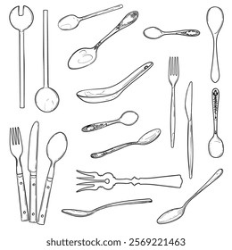 Line art cutlery such as teaspoons, spoons, forks, knifes. Vector graphic assets for menu designs. Hand drawn illustrations, outline only, isolated assets on white background.