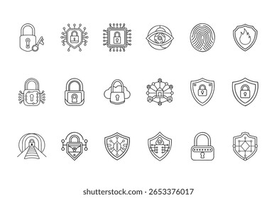 Line art cybersecurity data protection icons including padlocks shields fingerprint eye symbols