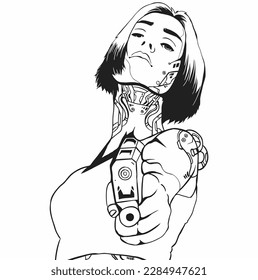 line art cyborg female with cool pose